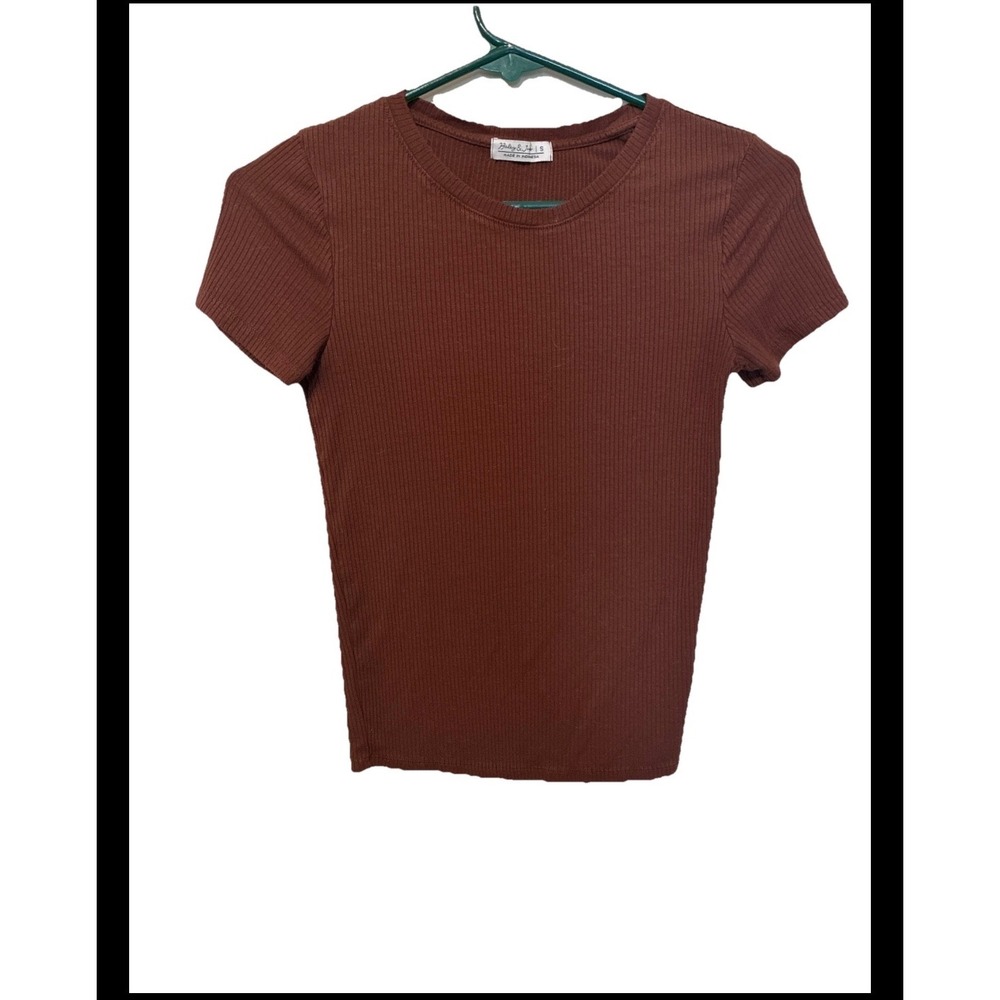 Hailey & Co Womens Ribbed Short Sleeve Crew Neck Tee Brown Size Small